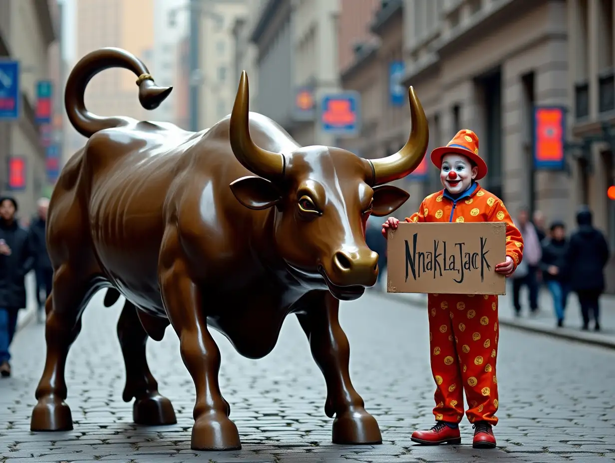 A clown next to the NY wall street bull holding a sign of 'Naklajack'