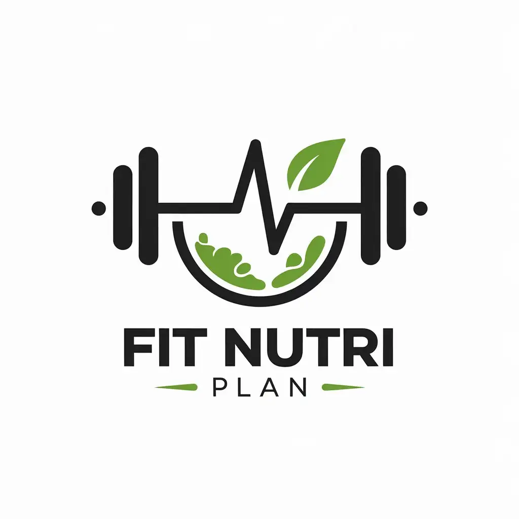 LOGO Design for Fit Nutri Plan Heartbeat Line Dumbbell Leaf and Healthy Food Plate Theme