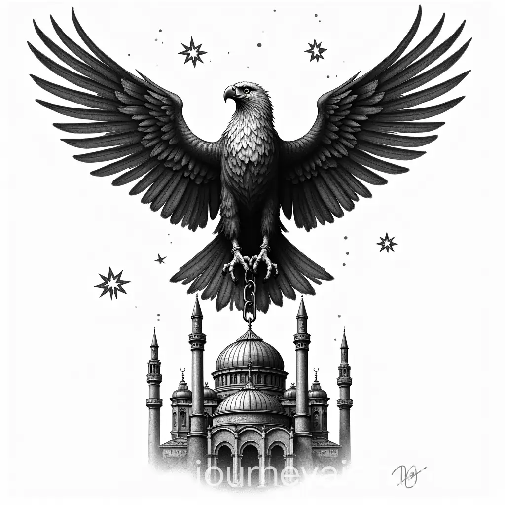 Intricate-Black-and-White-Tattoo-Design-of-Shackled-Eagle-Perched-on-Mosque-with-Criminal-SymbolsAI-Image-Prompt-Expansion