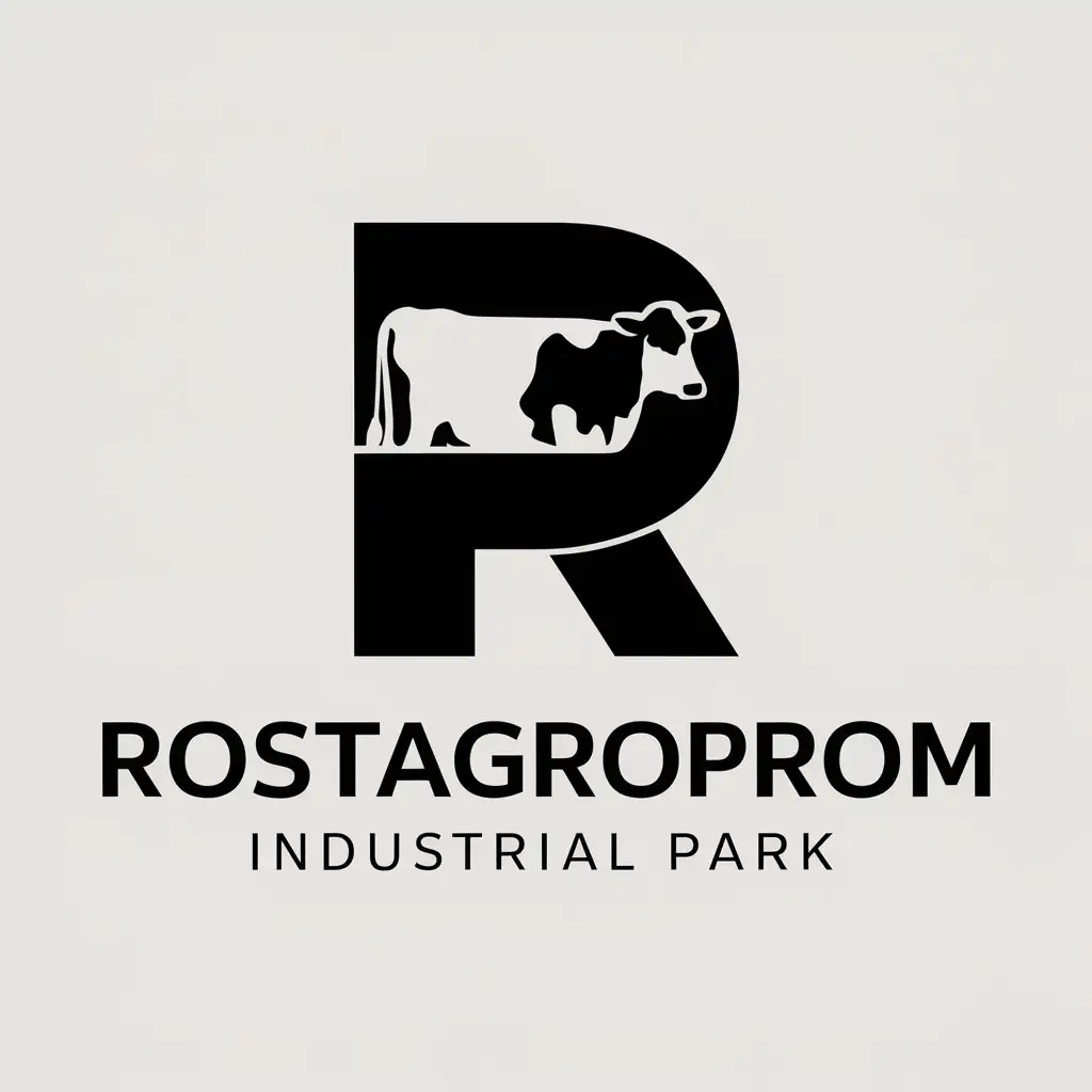 a vector logo design,with the text "ROSTAGROPROM industrial park", main symbol:The letter R has a silhouette of a cow coming out of it,Moderate,clear background