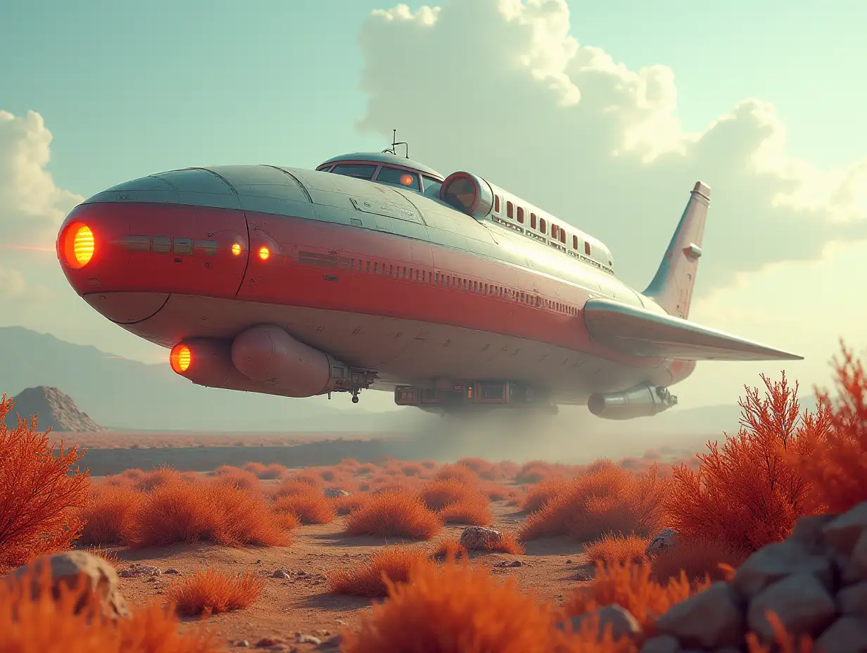 A larger spaceship retro red-gray, shiny parts, with glowing headlights, glass windows has landed in the desert view from above with colorful plants lightly clouded sky, 4k resolution colorful