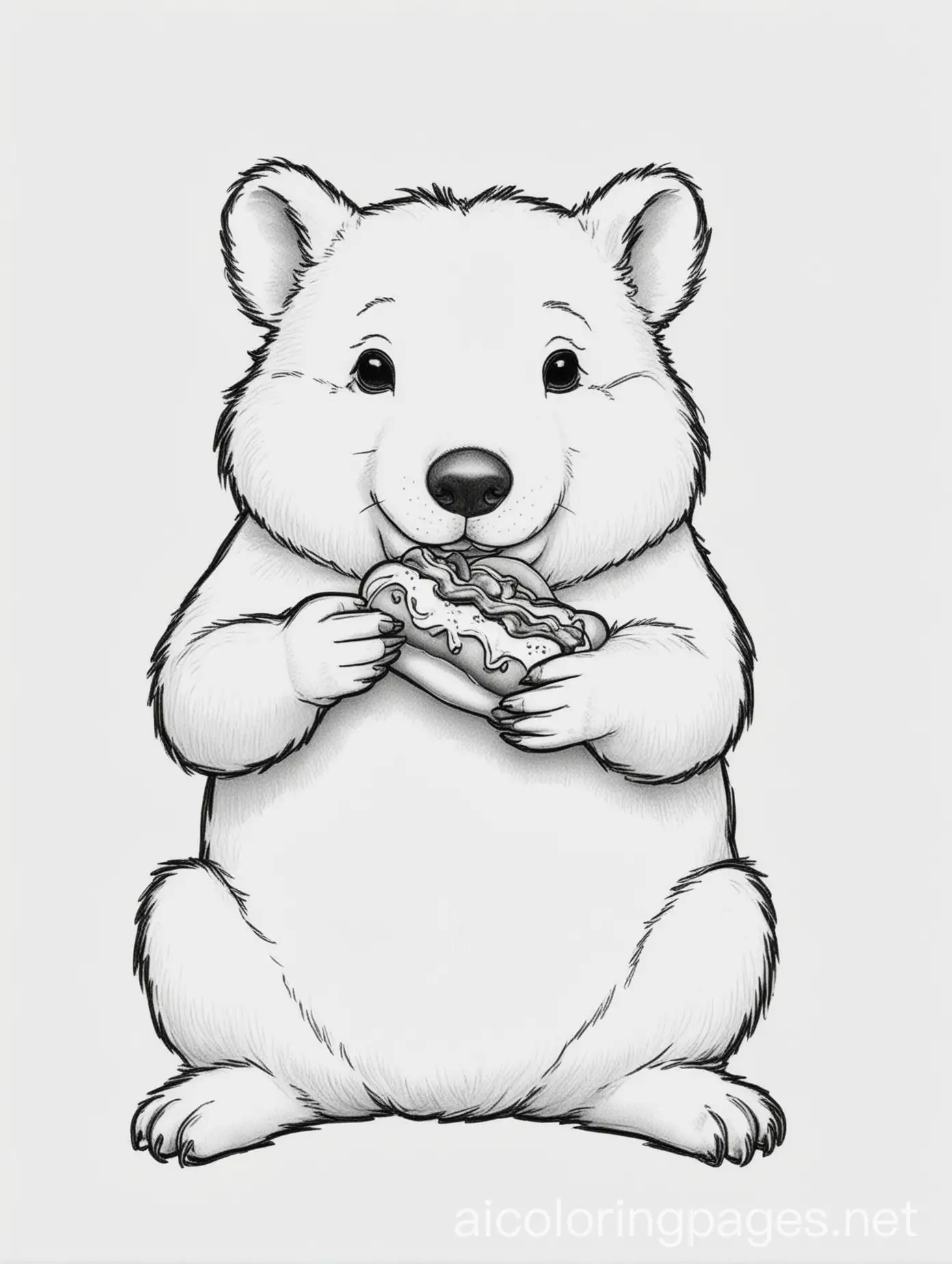Wombat eating a hotdog, Coloring Page, black and white, line art, white background, Simplicity, Ample White Space. The background of the coloring page is plain white to make it easy for young children to color within the lines. The outlines of all the subjects are easy to distinguish, making it simple for kids to color without too much difficulty