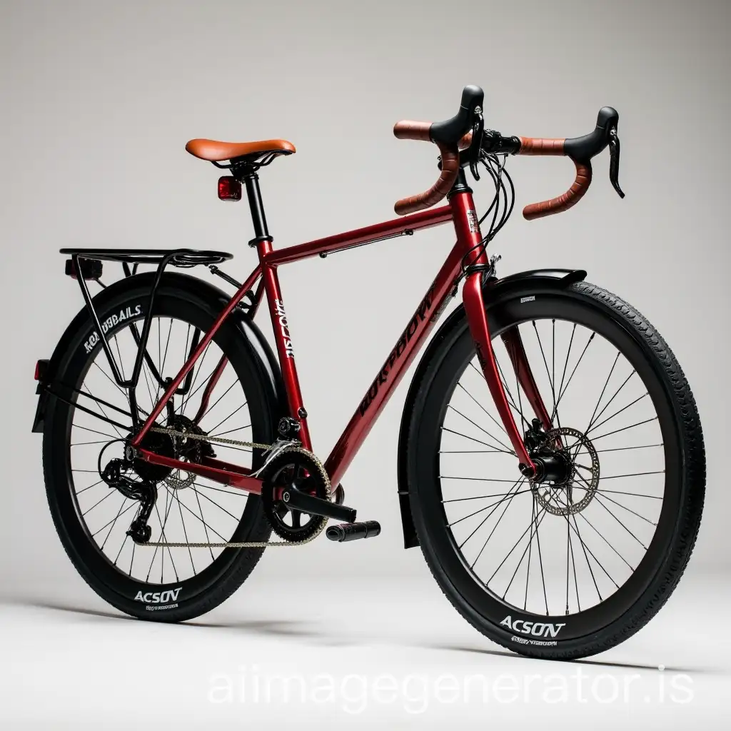 a gravel bicycle with metalic bordaux frame paired with a black fork.  The seat plus handlebars are brown leather.   There are black fenders, rear rack, front and tail lights powered by a dynamo mounted on the front wheel.