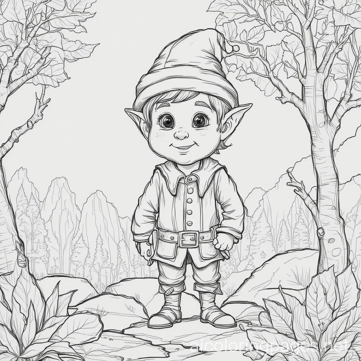 Elf-Coloring-Page-with-Trees-and-Plants-on-White-Background