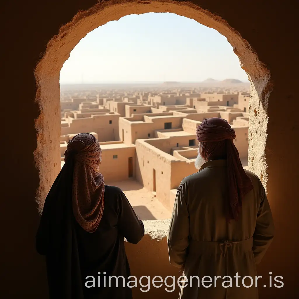 People-in-Traditional-Yemeni-Attire-Gazing-Out-of-Window-at-Old-MudBrick-Houses