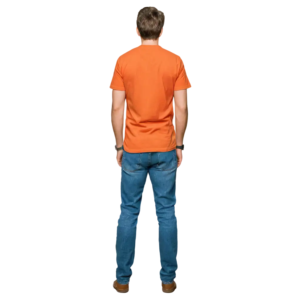 man in orange colors shirt and blue jeans standing and thinking while gazing upwards