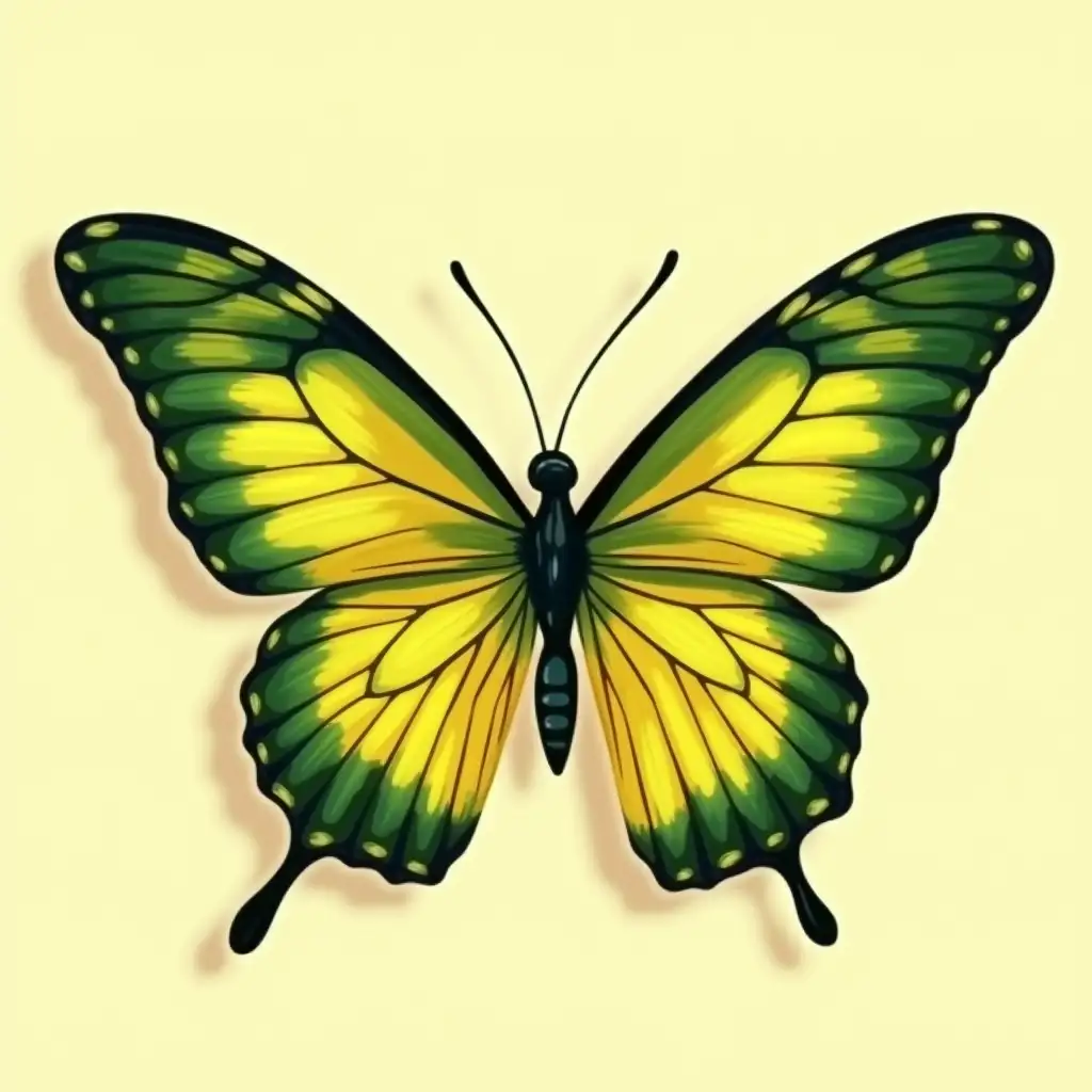 A colorful, stylized 2D ILLUSTRATION of a Monarch butterfly with bold green and yellow wings, spread wide. The details include intricate vein patterns and soft shading. The background is a should be plain color