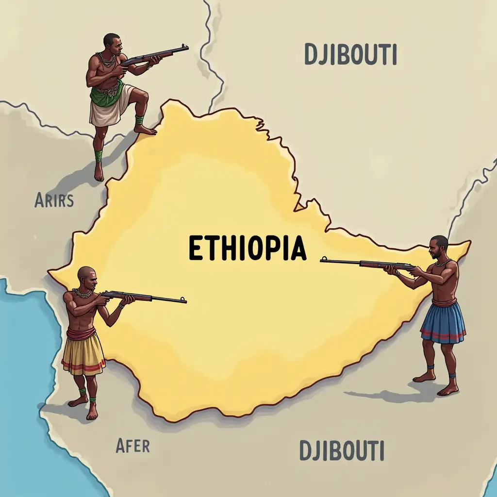 Map of Ethiopia with Afar warriors holding guns along the Ethiopian and Djibouti border.