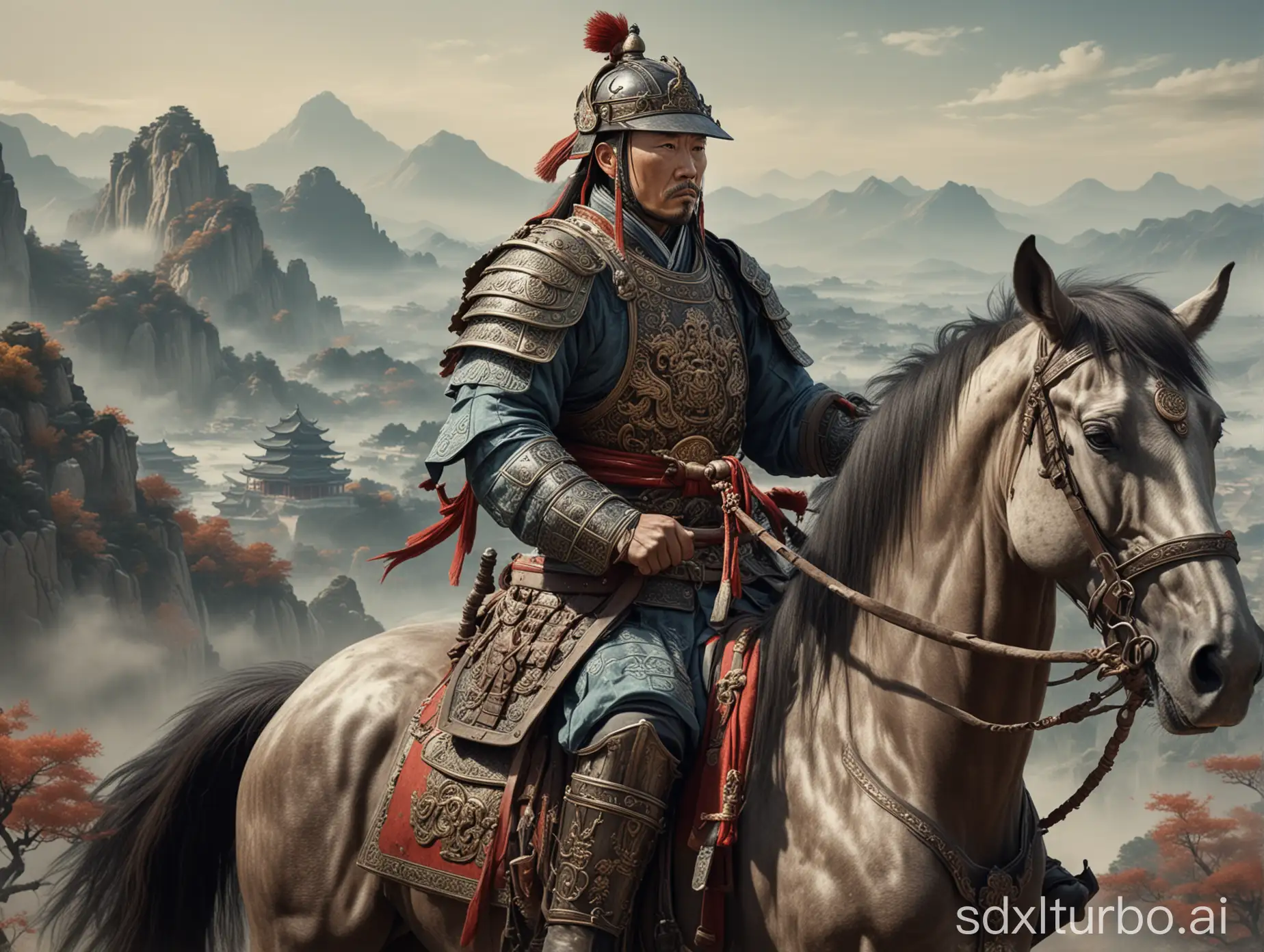 Ming-Dynasty-Chinese-General-on-Warhorse-in-Majestic-Landscape