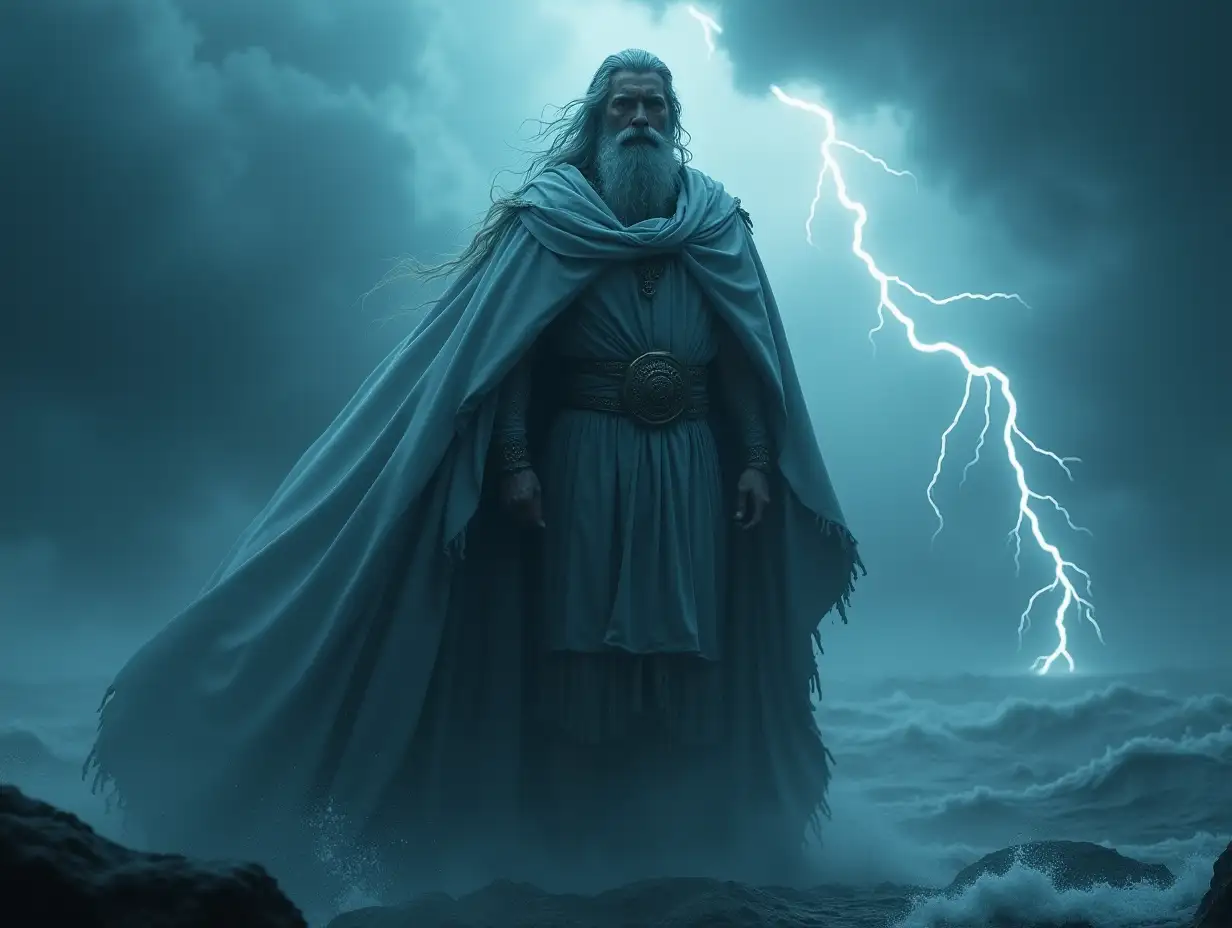 Poseidon, standing tall amidst hurricanes. His expression is proud and unyielding. The wind tears at his clothes, but he stands firm. A robe of 50 years. Long and flowing, made from dark clouds that are constantly changing shape. Lightning flashes along the edges, illuminating the fabric with brief bursts of bright light. The edges of the cloak dissolve into the mist, as if it is part of the air itself. Much wind. Amidst a tornado. Cinematic style