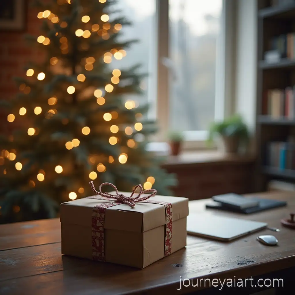 ParcelAI-Art-Prompt-Expansion-on-Office-Desk-with-Christmas-Tree-and-Winter-Garlands-in-Background