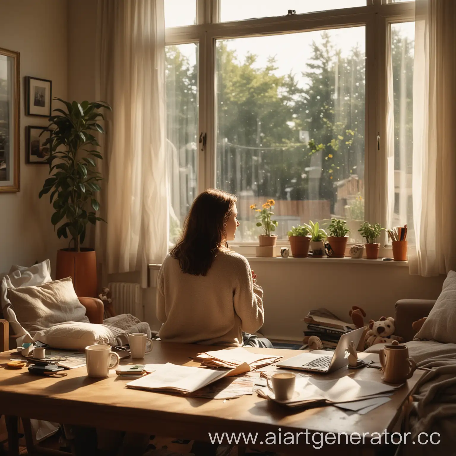 Create an illustration for a social media post. The scene should depict a mother sitting in a cozy living room with a thoughtful expression, holding a cup of coffee or tea. Around her, you can see signs of her busy life: children playing in the background, toys scattered around, and a work laptop on a nearby table. The room is warm and inviting, with soft lighting indicating late afternoon. Through the window, there's a glimpse of a sunny outdoor scene, evoking thoughts of travel and relaxation. The mother's gaze should suggest she's lost in thought, reflecting on the idea of finding balance between her responsibilities and her own dreams of traveling. The overall tone should be warm and slightly nostalgic, capturing the essence of both busyness and the longing for a break.