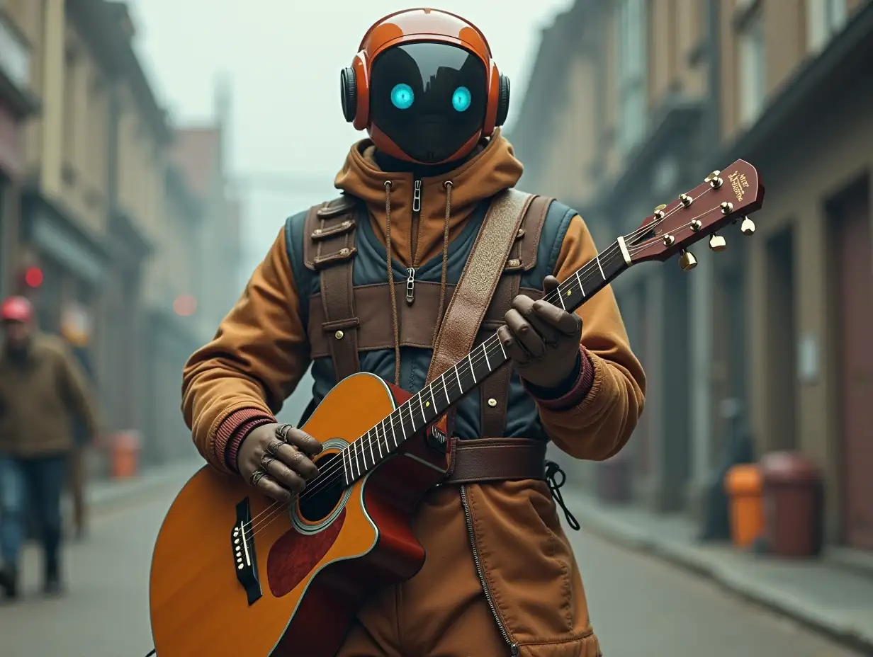 Erstellen Sie ein hochauflösendes, realistisches Bild eines Roboters, der mit einem dickenKörper, braune Leder Schuhen und einem modischen Trainingsanzug,und ein Gitarre in der Hand und eine Haube in 4K-Auflösung  