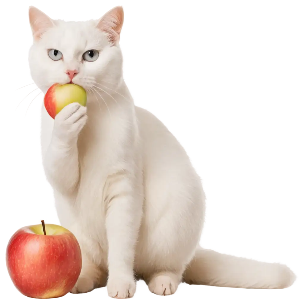 HighQuality-PNG-Image-of-a-White-Cat-Eating-Apple-Artistic-and-Realistic-Depiction