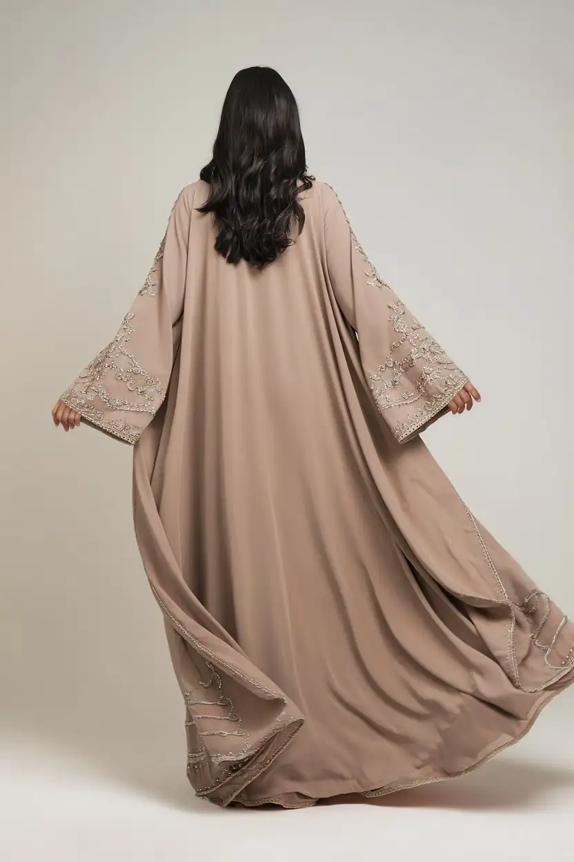 Woman-in-Beige-Emirati-Abaya-with-Intricate-Embroidery