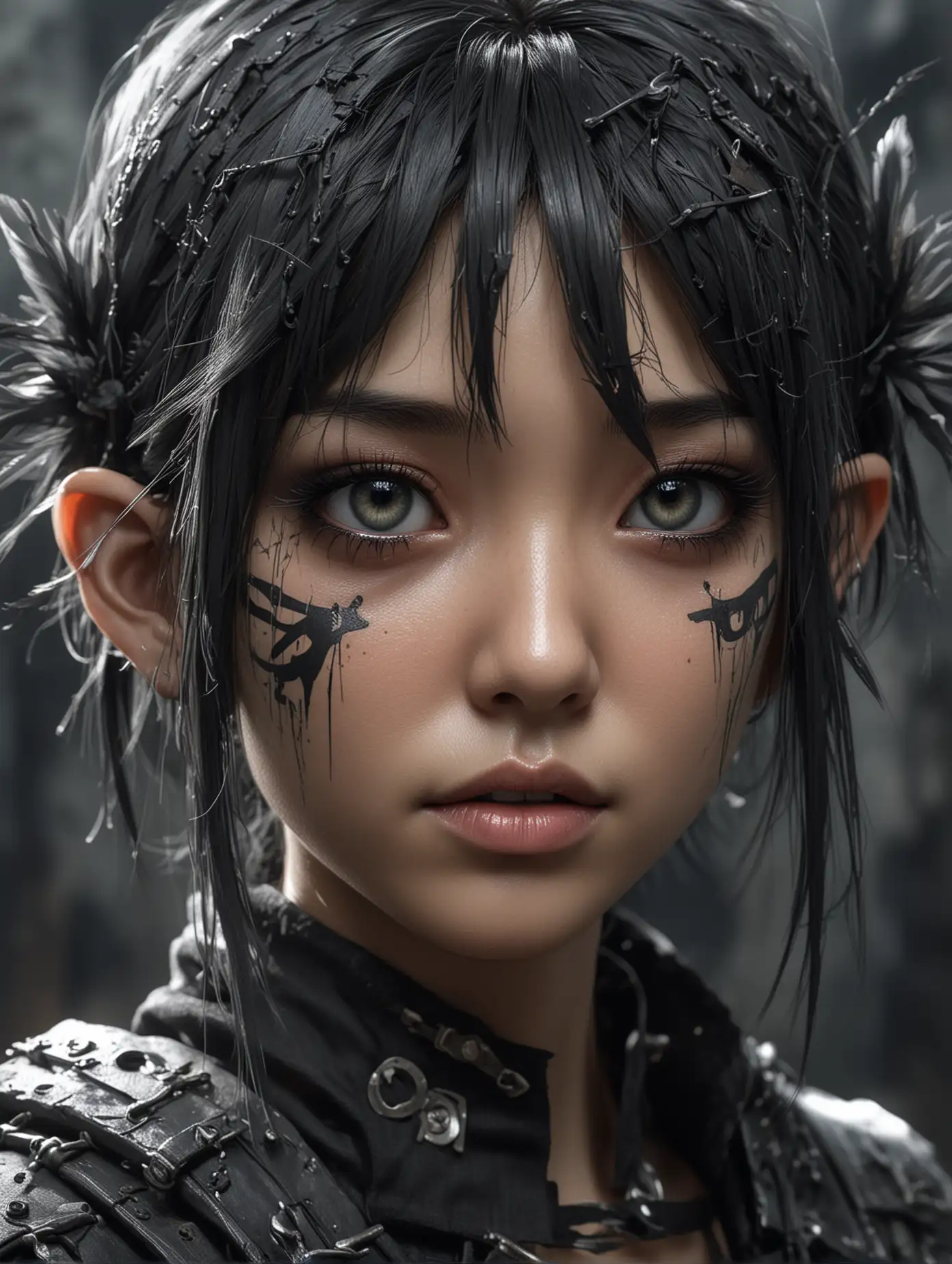 Anime-inspired Asian girl, deathgothpunk style, post-apocalyptic backdrop intricately designed, elf with low slanting ears, expressive light gray eyes adorned with long eyelashes, half-body portrayal, rendered with pen and ink, clear and smooth, 16k RAW, HDR, volumetric, cinematic masterpiece