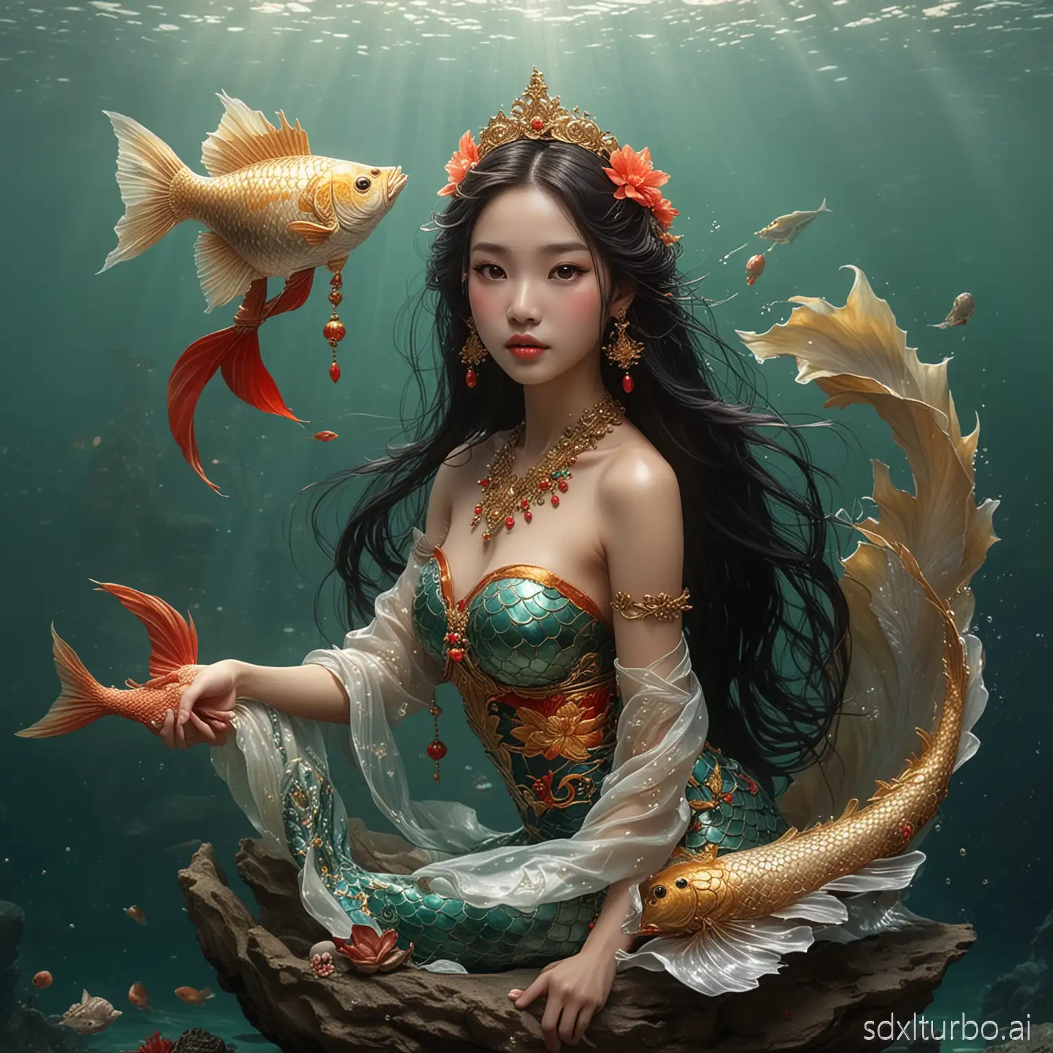 The mermaid with a delicate East Asian face, the girl who is half woman and half fish carrying subtle Vietnamese features, the aquatic beauty with tan brown skin glowing with gold, the young woman with a shimmering fish tail carrying the look of a Vietnamese girl, the mythical creature with phoenix-black eyes, the ocean princess with long black hair shining, the underwater lady with Asian charm, the mermaid wearing silver lotus-shaped earrings, the sea deity in a traditional embroidered apron, the little beauty with a fish tail wearing a bright red coral crown. The tail fins are like soft Hangzhou silk, scales shimmering in jade and gold colors, the neck adorned with jewelry from shells and Phú Quốc pearls, holding a glass đàn bầu. Around are tower-shaped coral reefs, colorful fish like Hoi An lanterns, she is sitting on a dragon-shaped rock, under the light filtering through the emerald South China Sea.