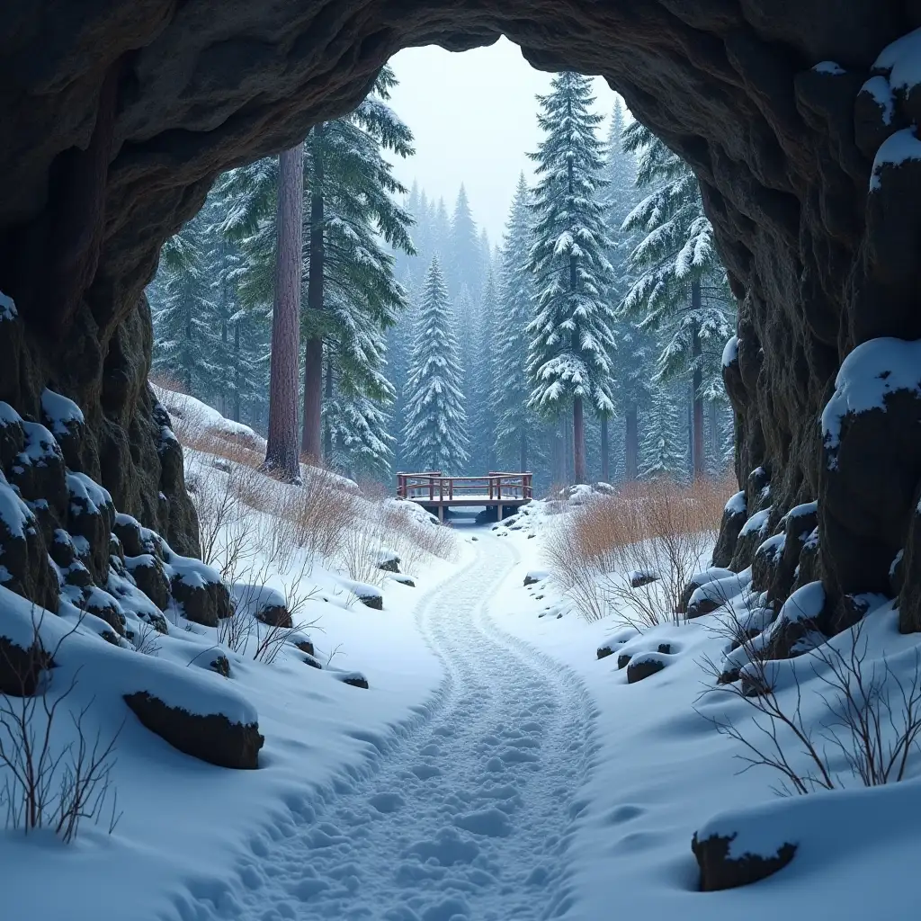 underground, snowy forest, pine trees, trail through the forest, wooden bridge in the distance