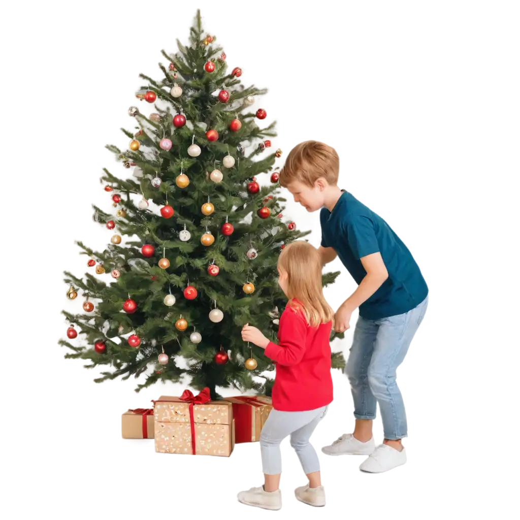 Christmas-Decoration-Fun-PNG-Image-of-a-Girl-and-Boy-Decorating-the-Room-Near-the-Tree