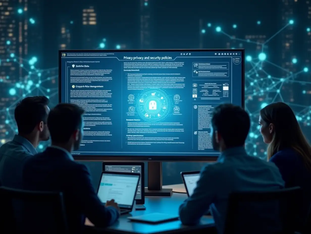 A modern workspace with a team of professionals analyzing a document on privacy and security policies displayed on a digital screen. The screen includes icons representing sensitive data, encryption, and risk management. The background integrates faint holographic data streams and glowing nodes to emphasize AI governance themes, with a professional and serious ambiance.