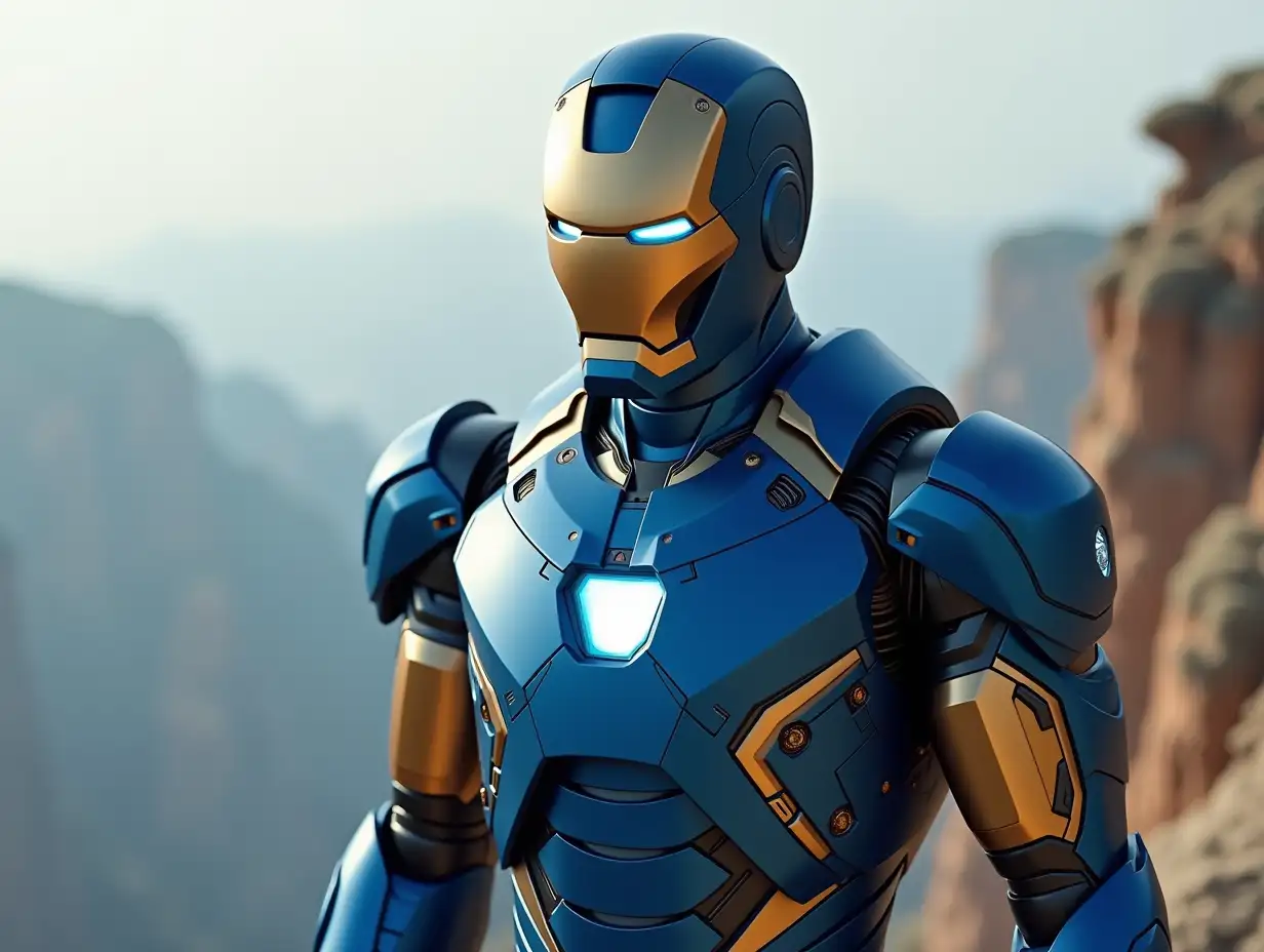 Iron Man with blue costume and bronze facial shading, standing on a cliff, 4K resolution