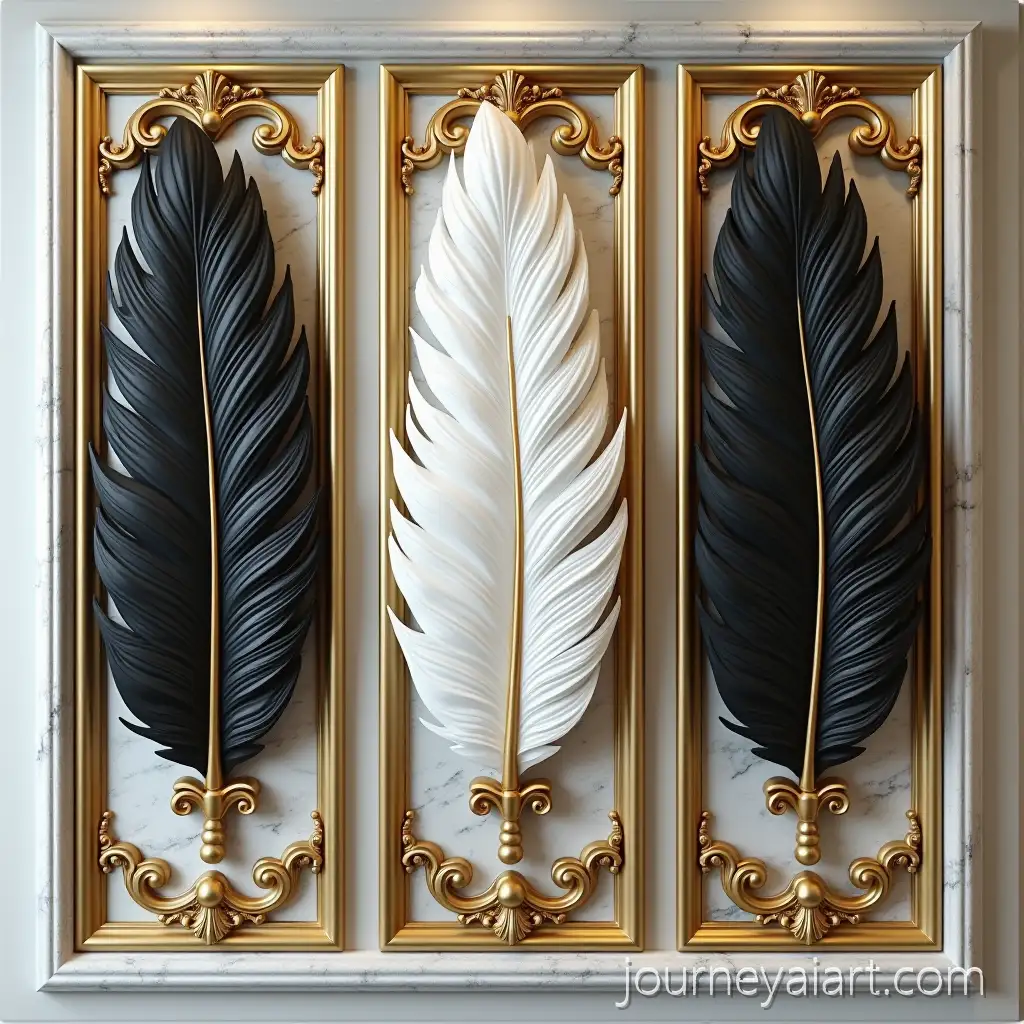 Luxurious-3D-Wall-Art-with-Black-White-and-Gold-Feathers-on-Marble-Background