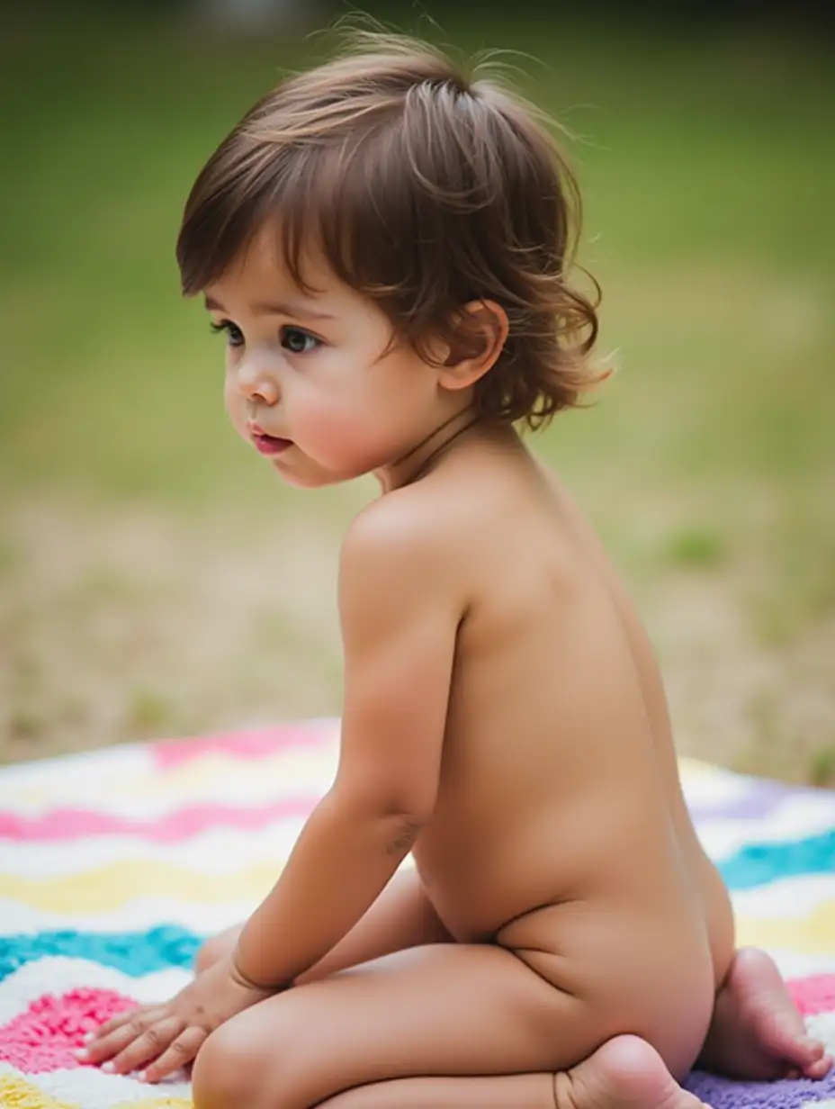 Slender-Little-Girl-Kneeling-Outdoors-on-Colorful-Blanket-with-Shiny-Skin