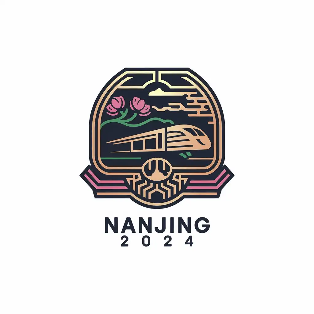 a vector logo design,with the text "Nanjing 2024", main symbol:A metallic-feel badge, featuring a harmonious train, plum blossoms, and Nanjing elements.,Moderate,be used in Others industry,clear background