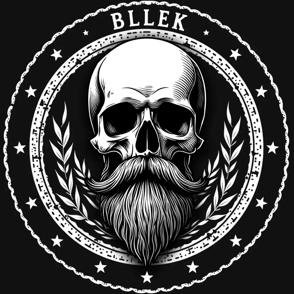 a circular logo with a skull with a beard and mustache black and white , written on it BLLEK 