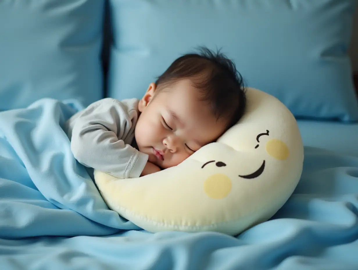 A wide-angle view of a baby sleeping happily on a blue bed, cuddling a smiling moon-shaped plush toy.