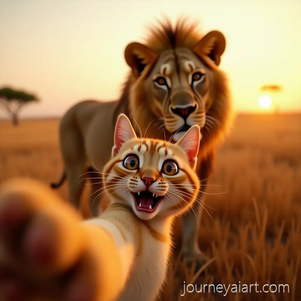 Humorous-Selfie-of-Orange-TabbyAI-Image-Expansion-Cat-with-Majestic-Lion-in-African-Savannah-at-Golden-Hour