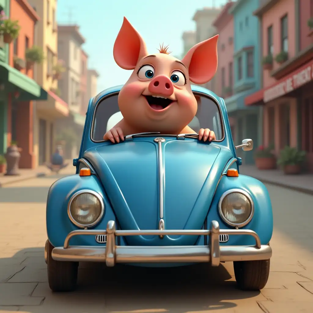 A Disney movie, with a pig driving an old blue Volkswagen Beetle. The title of the movie is CERDBEETLE