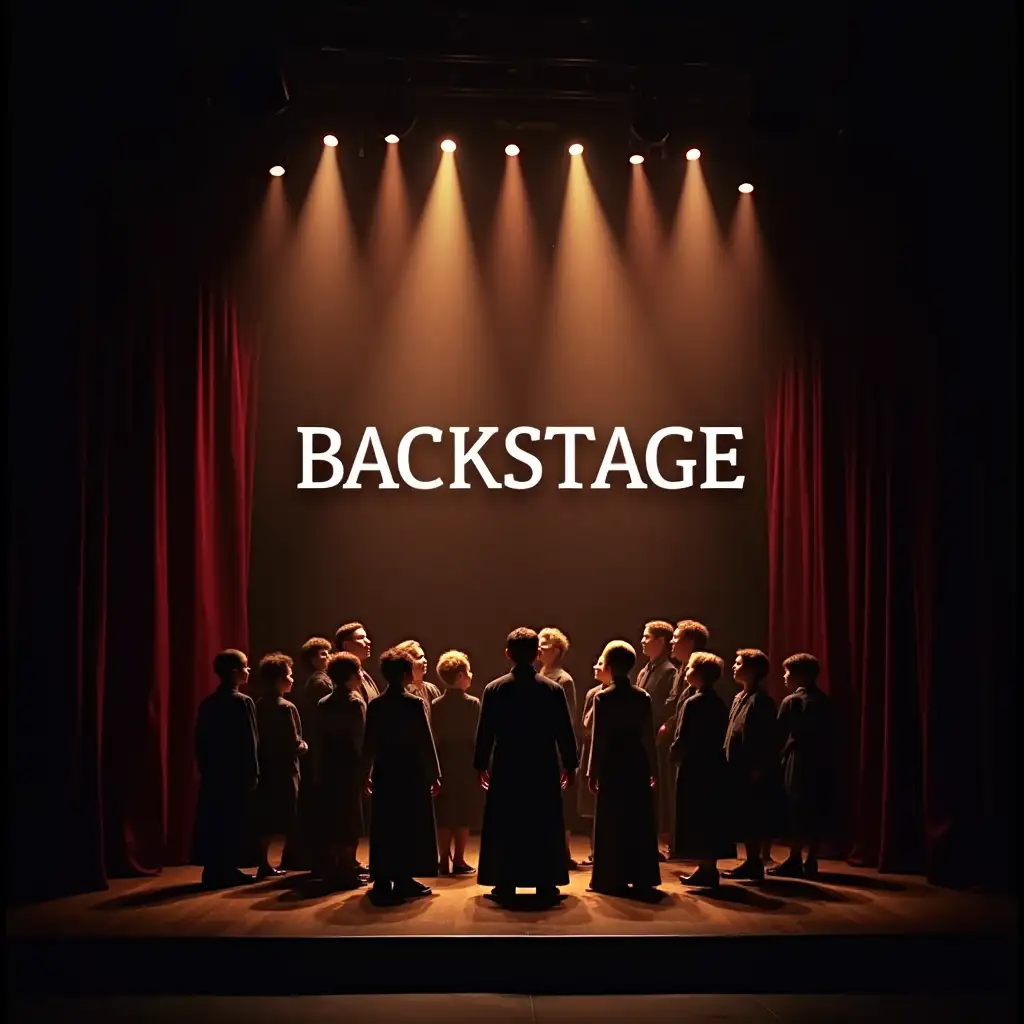 including a 'Backstage' title inscription on a stage scene with an image representing 12 male and female choir members under the spotlight appearing from a director's imagination