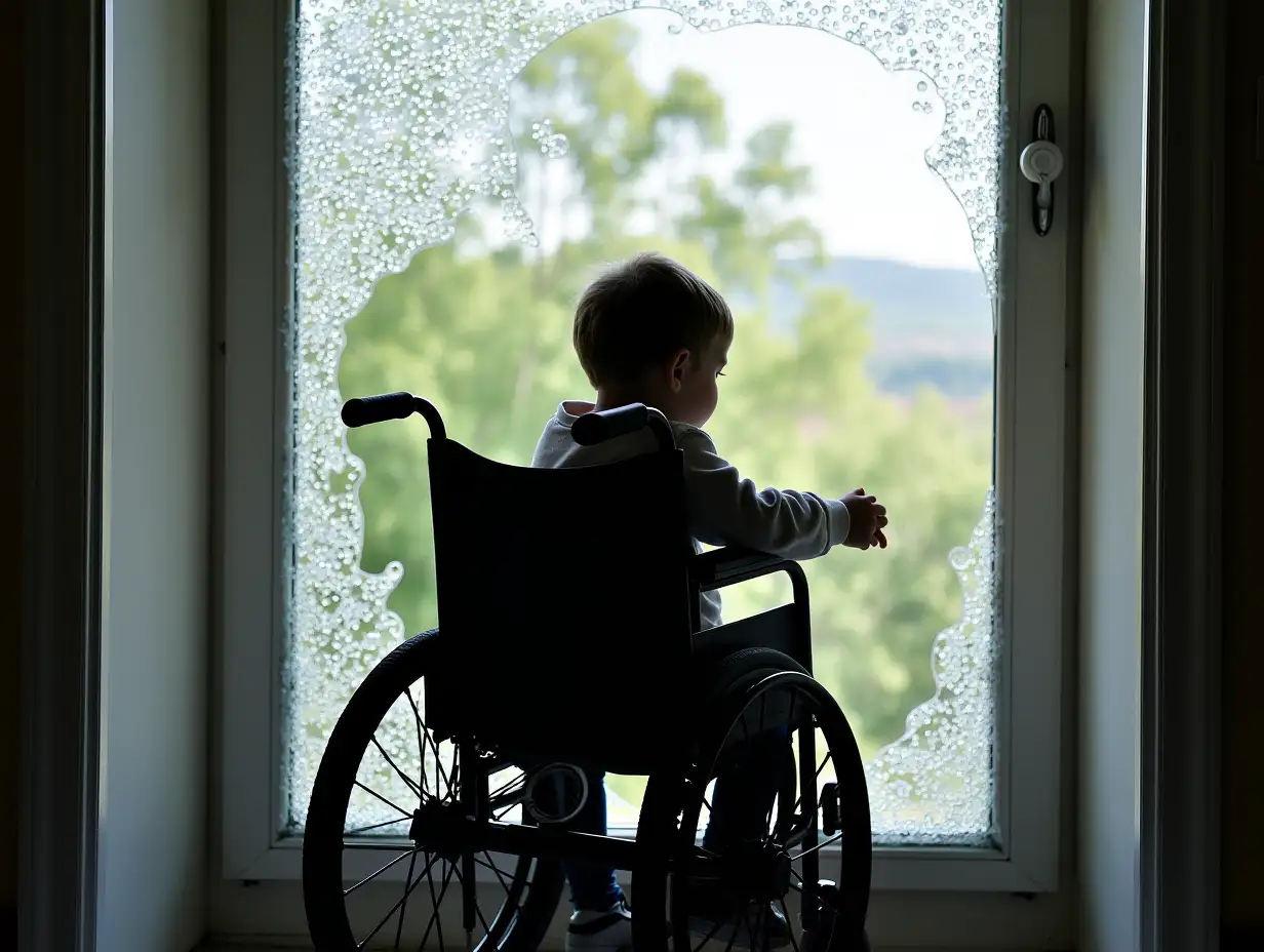 Silhouette of Child in wheelchair behind broken flat glass