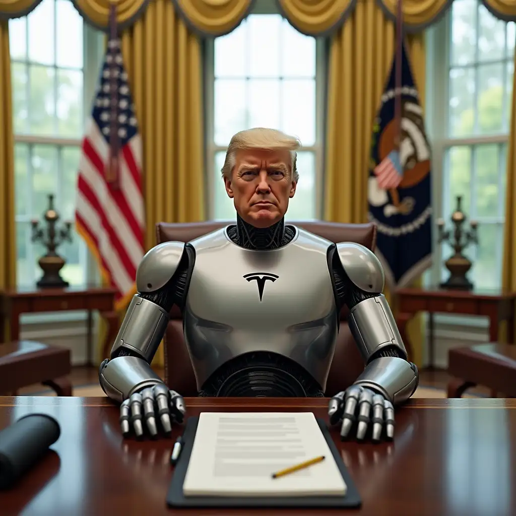 Tesla-Robot-in-the-Oval-Office-with-Donald-Trump-Toy-Head