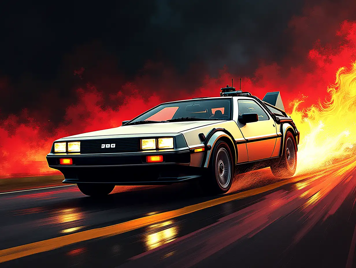 A wide banner inspired by Van Gogh's style, featuring vibrant, swirling brushstrokes in shades of black, gold, and deep red, perfectly capturing the thrill and intensity of racing. At the center, a sleek Delorean is depicted speeding forward, with dynamic trails of swirling colors emphasizing its motion. The text 'Spin Angelo 137 Gaming' is prominently displayed in bold, stylish lettering, perfectly aligned to complement the design. The background features a textured, artistic flow, seamlessly transitioning between colors and creating a sense of depth and motion. The composition balances the car and text harmoniously, making the banner visually captivating and professional.