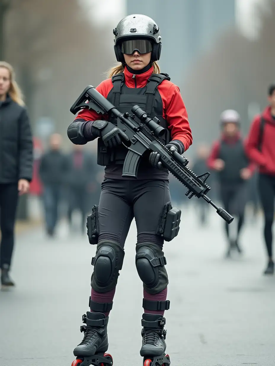 a 17 year old airsoft geared woman at a distance, she is skating on a street, holding a weapon, ordinary people in background, clothes have racing colors, she is wearing lots of functional sportswear, cycling gloves, airsoft helmet with transparent visor over eyes, smartwatch, thick plastic knee pads, modern inline skates with complete organized wheels