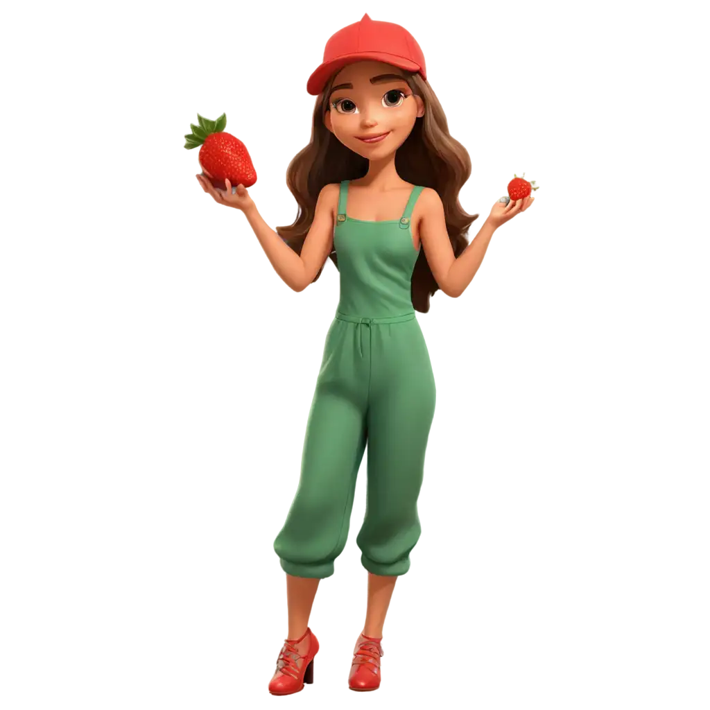 Cartoon-Girl-in-Jumpsuit-Holding-Strawberries-Vibrant-PNG-Image-for-Whimsical-Designs