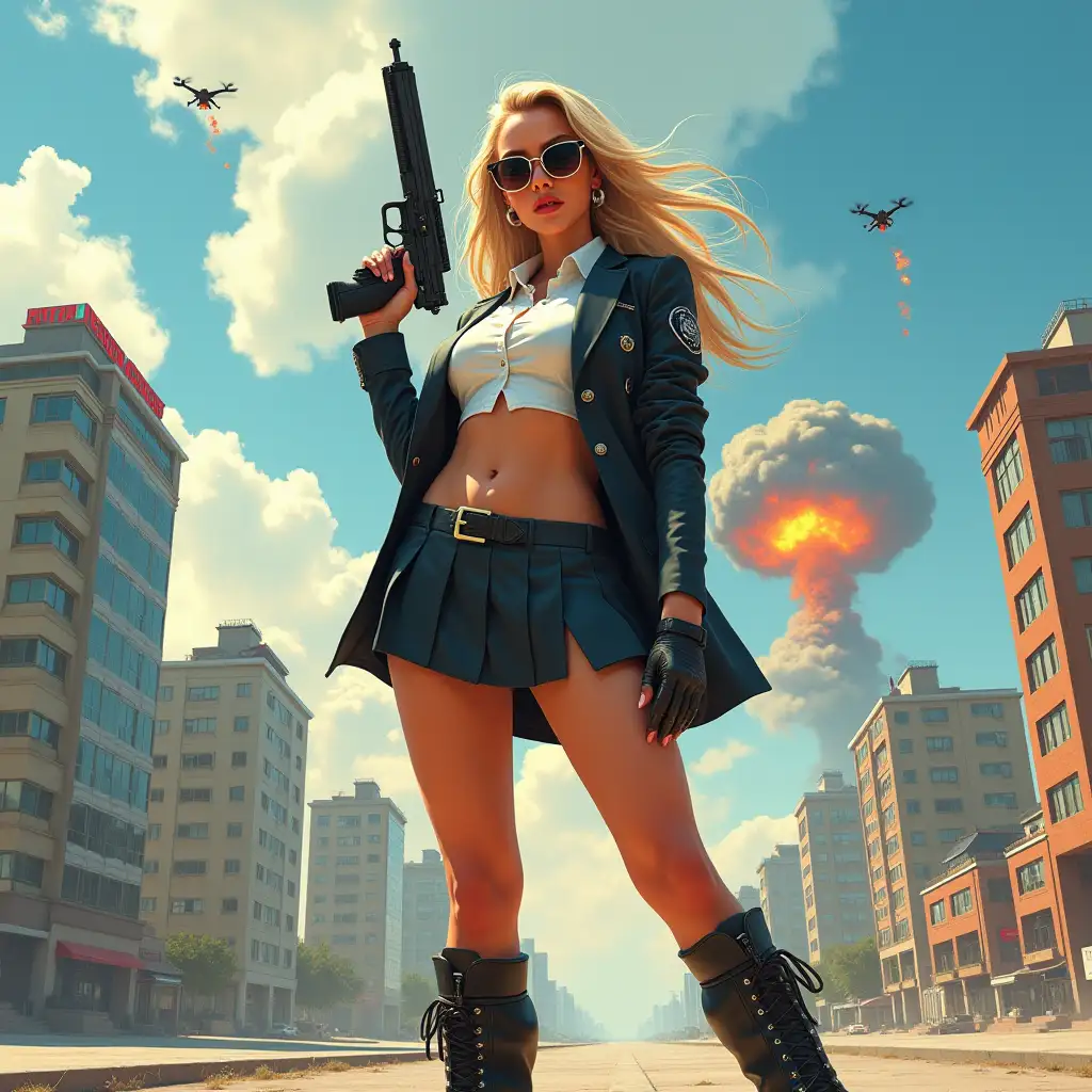 Wide-angle digital painting, (Beautiful large breast woman in stylish school uniform, combat boots, very extreme midriff showing, short skirt, and sunglasses : 1.3), Triangular composition, Dynamic full-length pose, Confident expression, (Armed mercenary: 1.3), Gun grip, Supporting pose, City background, Skyscrapers in the distance, nuclear explosion in extreme distance, two small targeting drones above, (Bright sunlight: 1.2), Sharp contrasts, Bold colors, Clear details. female mercenary in cool cyberpunk style in colorful fantasy style, realism, post-apocalyptic landscape, cartel, bald rod, oil painting, rod Nostalgia, strong emotions, low angle, high detail, sharp focus