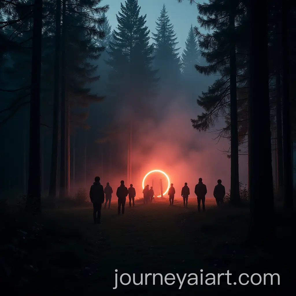 Tesla-Coil-in-a-Misty-Forest-at-Dawn-with-People-Gathering-and-Distant-Lights