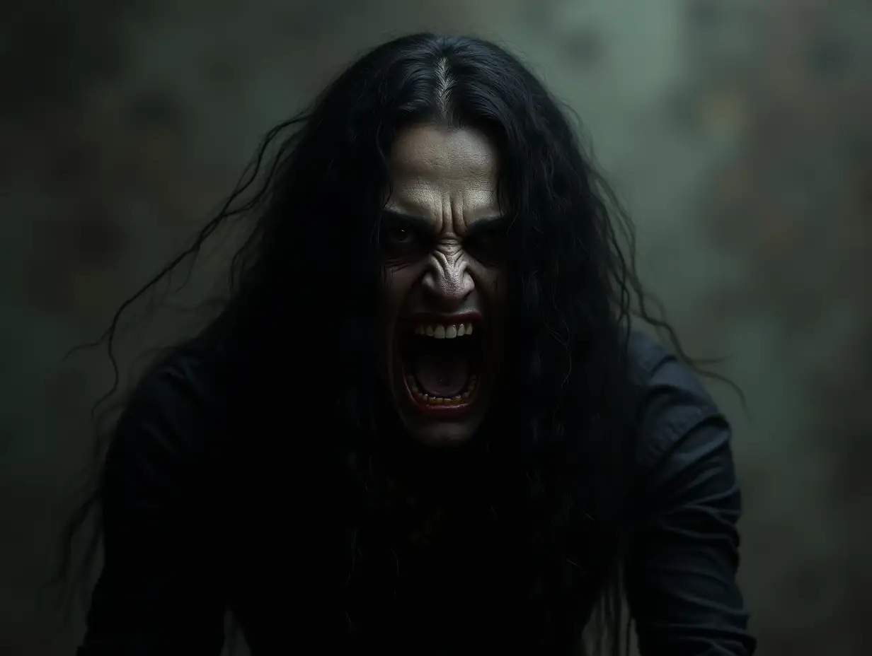 a terrifying creature with long black hair and a frightening face