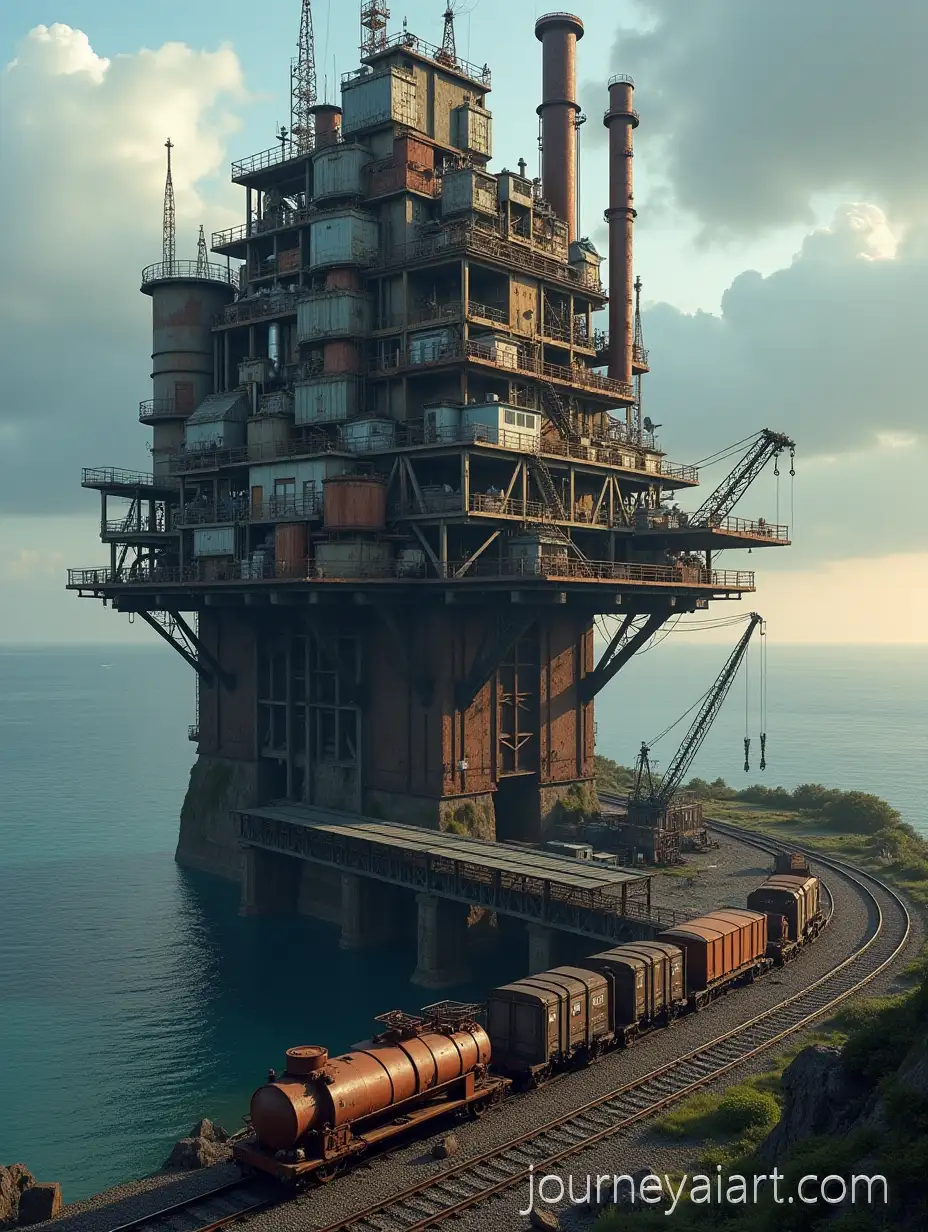 PostApocalyptic-Ocean-Settlement-onPostapocalyptic-ocean-structure-a-Rusted-Bridge-with-Steam-and-Train-Depot