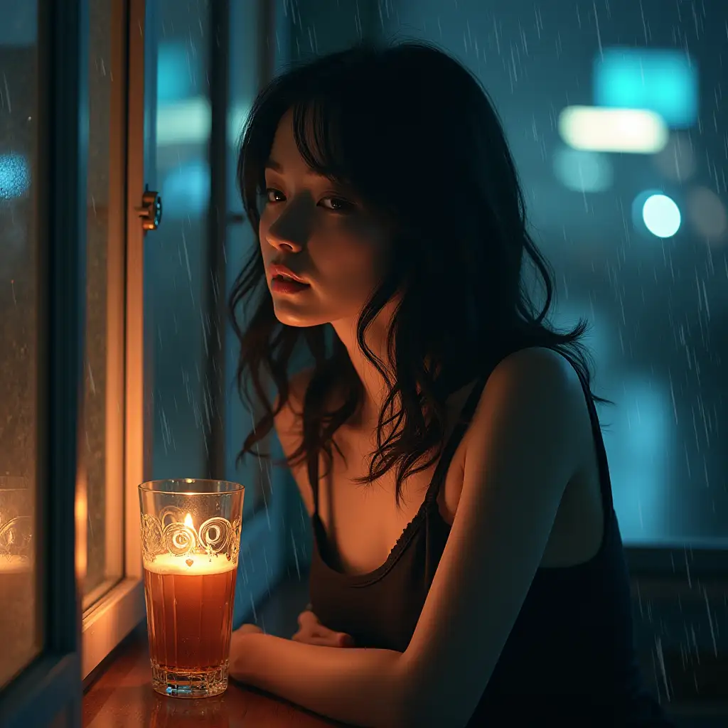 ・I would like you to generate an image from the lyrics of the following songs. A cool design that is easily accepted in the West and Asia. A realistic yet artistic design. A high-angle composition of the female protagonist.[Verse 1] The window is pouring with rain, my glass overflows with tears Tonight, I'm drinking alone again（今夜も一人で飲んでる） Empty table filled with memories alone Like bubbles in my beer, you disappear（ビールの中の泡のように君は消えていく）[Pre-Chorus] When the saxophone echoes, it tightens around my heart Why do memories never fade away？（なぜ記憶は消えないのでしょうか？） Even if I pretend, my heart flutters