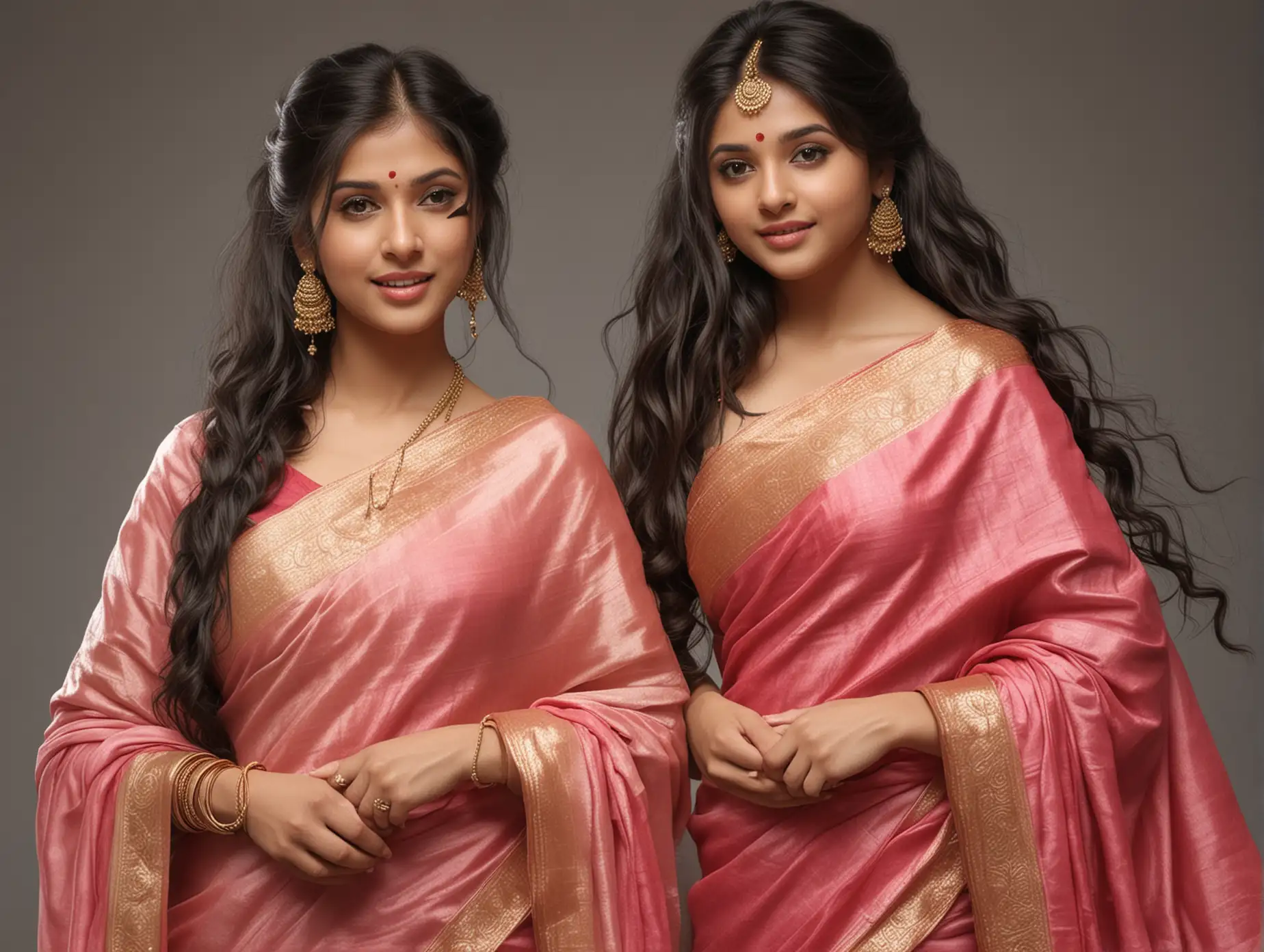 Two girls in love wearing saree , open long hairs, ultra-realistic