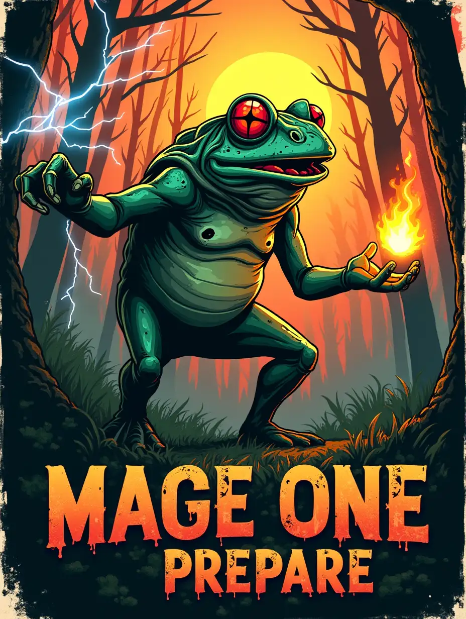 Vector, vintage. A vibrant image of giant frog zombie. Lightning bolts from the left hand and a fireball in the right hand. Golden hour forest on background. The text 'MAGE ONE PREPARE' should be written in bold, rustic lettering, overlaid on the image.