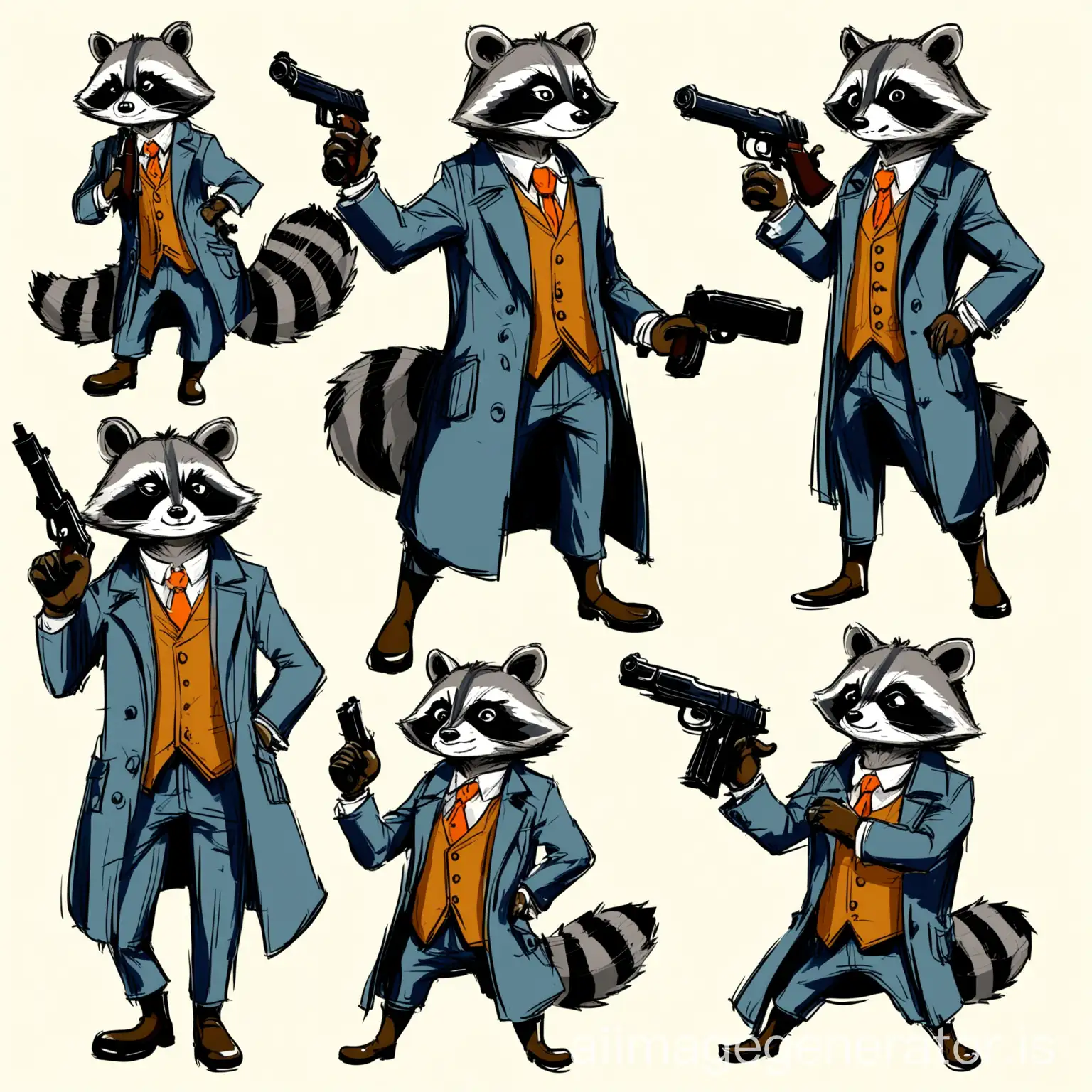 Color sketch of the character raccoon detective in different poses with a gun in his paw