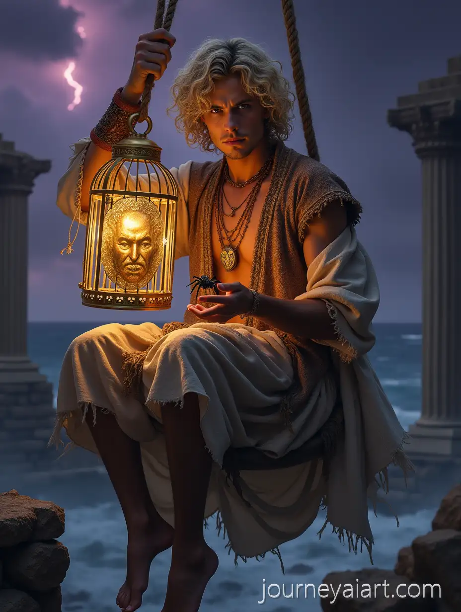 Young-Man-in-Golden-CageStormy-Sea-Portrait-Over-Stormy-Sea-with-Ancient-Amulet-and-Tribal-Caftan