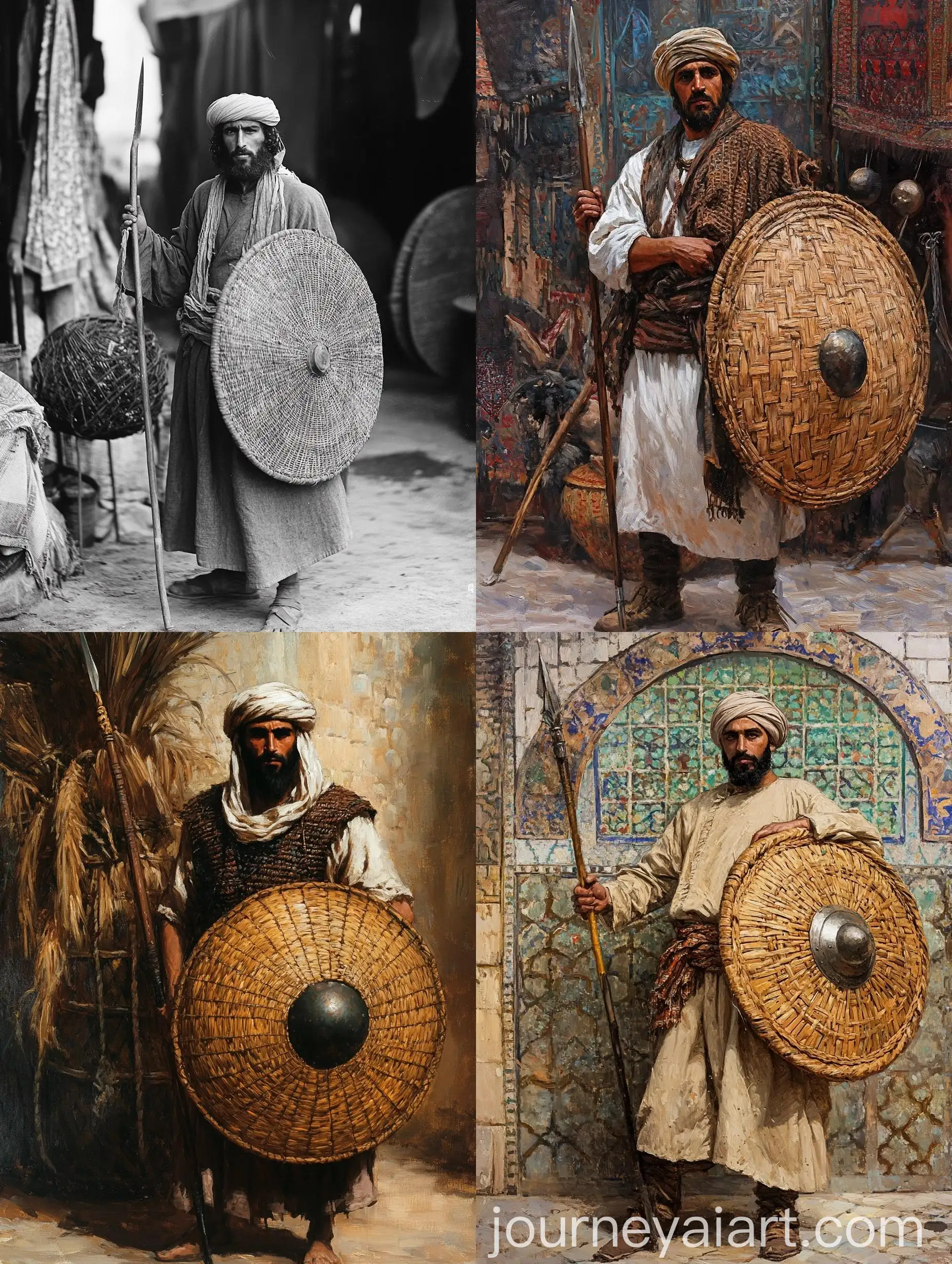 Arab-Soldier-Guarding-in-Bazar-Setting-with-Wicker-Shield-and-Lance