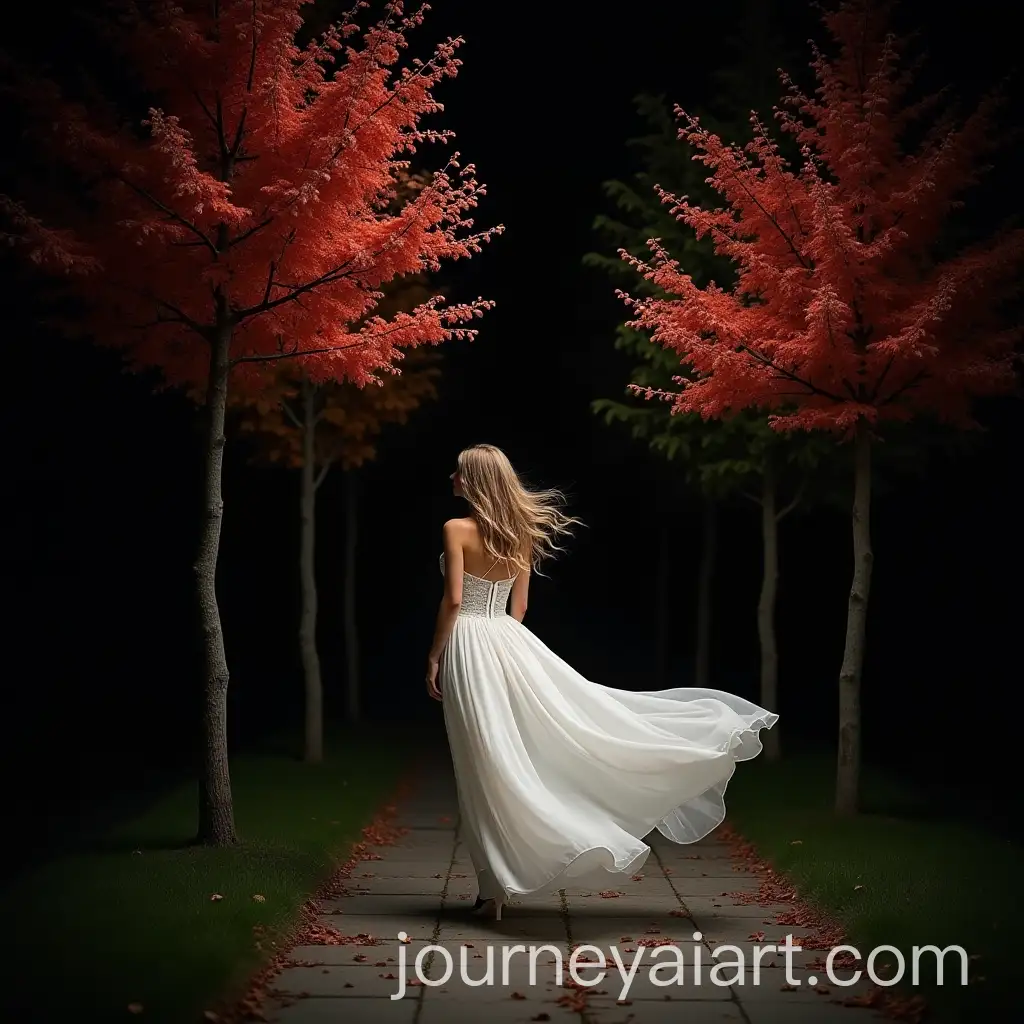 Elegant-Woman-in-White-Dress-Walking-Among-Colorful-Trees-at-Night