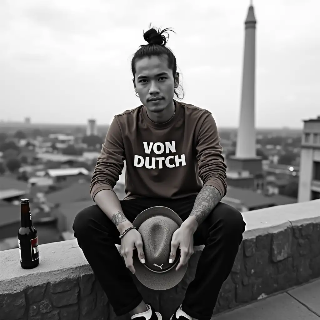 Handsome-Indonesian-Man-in-Von-Dutch-Shirt-Sitting-on-Stone-Wall-with-Cityscape-View